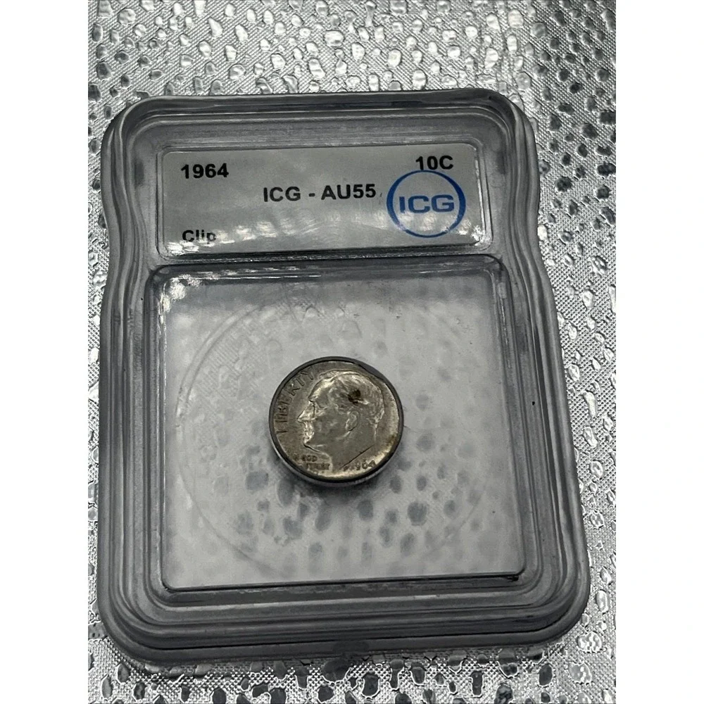 1964 Roosevelt Silver Dime - ICG AU55 - MAJOR CLIPPED PLANCHET MINT ERROR